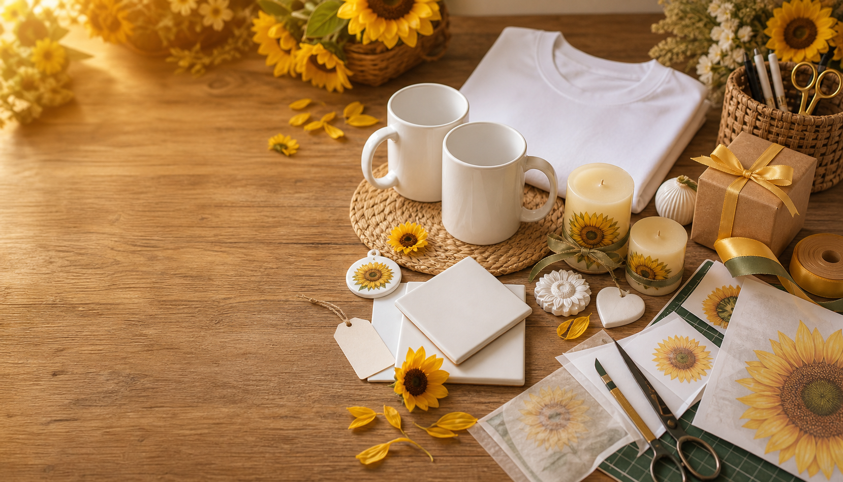 Mesa de atelie com presentes artesanais, fitas e flores secas